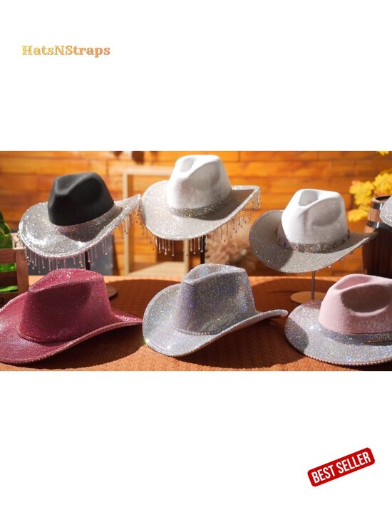 Rhinestone Cowboy Hat with Diamond Fringe for Cosplay Wedding, One Size
